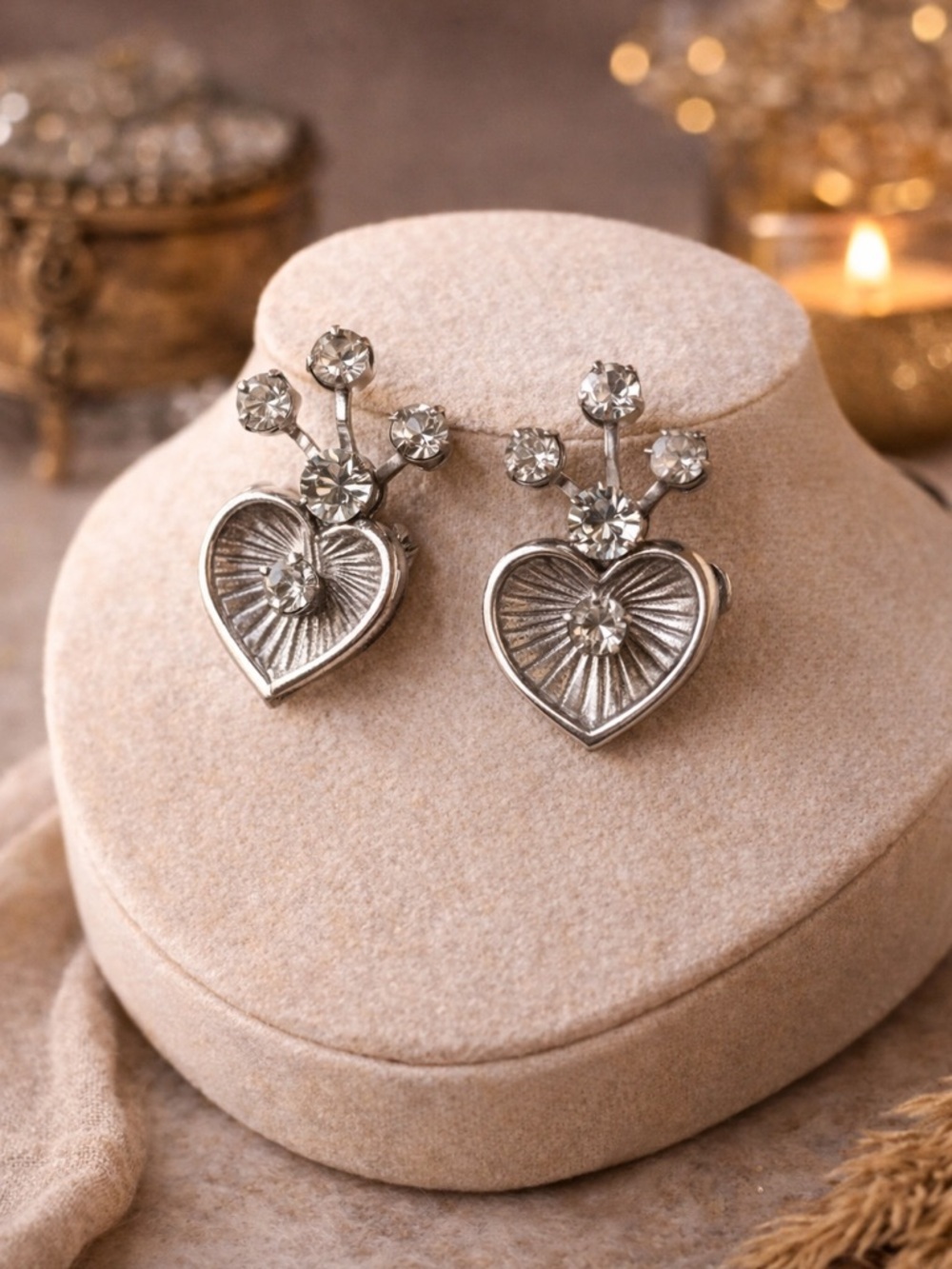Vintage Bugbee & Niles Rhinestone Heart Earrings | 1960s Ice Crystal Screw Back